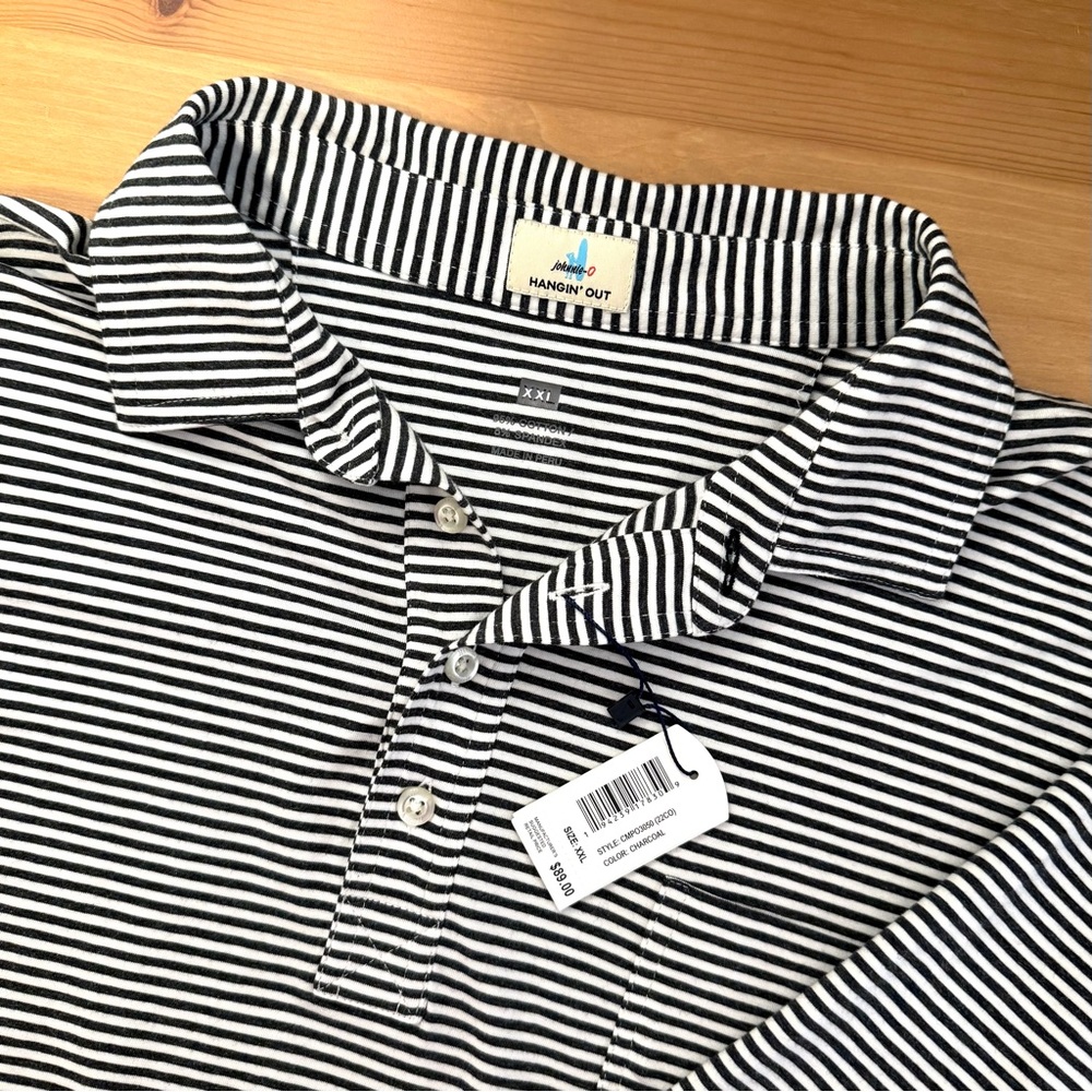 NWT Johnnie-O “Nelly” Charcoal White Striped Jersey Performance Polo $89 MSRP